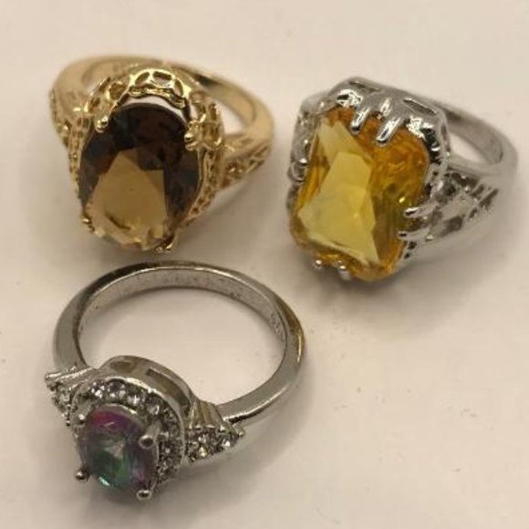 Set of 3 Silver & Gold-Tone with Faceted Gems Rings - Picture 5 of 12
